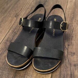 Black Leather Slingback Sandals with Gold Buckle